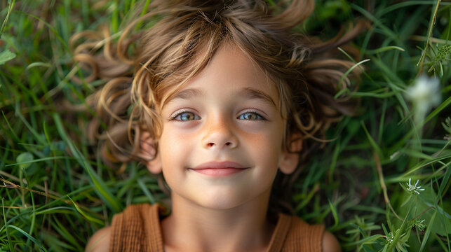 portrait of a little girl lying on the grass and looking at the camera