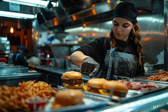 Fast-food worker assembling a burger 