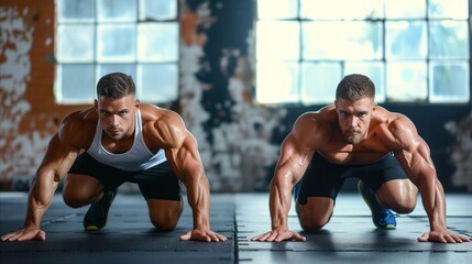 Determined male athlete doing push-ups in a gym setting - Powered by Adobe