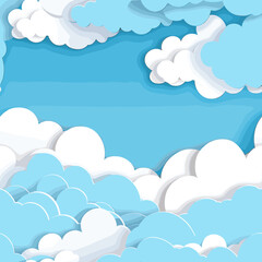 Beautiful fluffy clouds on blue sky background. Vector illustration. Paper cut style. Place for text