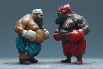 A fight between two boxers . They are facing each other. 3d illustration - obrazy, fototapety, plakaty