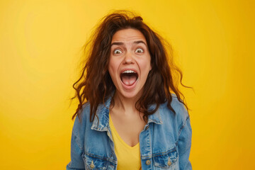 Excited screaming young woman standing over yellow background.