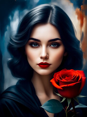 Painting of woman with red rose in her hand and red rose in her other hand.
