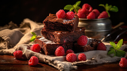 Brownies with Raspberries in Cozy Kitchen
 - obrazy, fototapety, plakaty