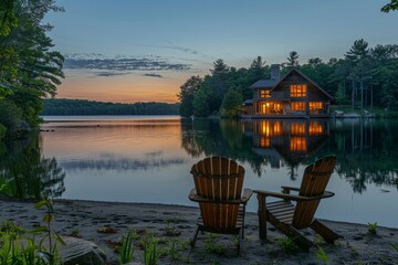 Fototapeta premium lakeside cabin retreat in the woods