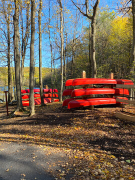 Red canoes on wooden supports. Forest in autumn. Nautical boat rental, river canoe, rabaska in a national park. Outdoor center for camping and fishing.