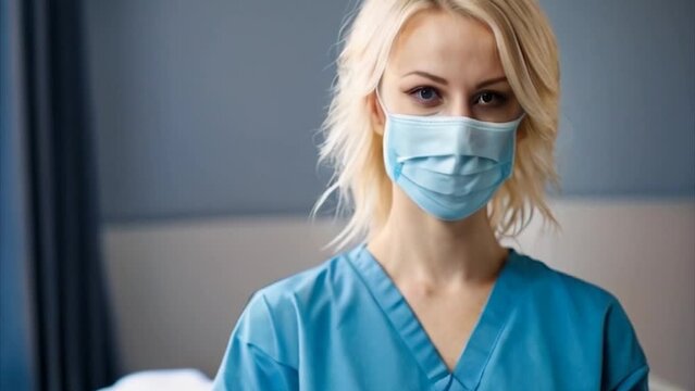 Young female nurse wearing blue scrubs and a mask
