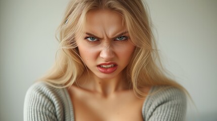 Blonde woman making an angry face with furrowed brows close-up