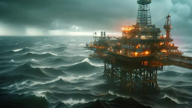 Engineers are working on an oil rig or natural gas rig at sea in extreme weather conditions.