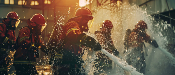 A brigade of firefighters in action, combating a blaze with a powerful jet of water at sunset