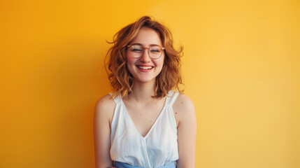 Obraz premium a joyful person with wavy hair and glasses is smiling broadly against a vibrant yellow background.