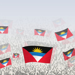 Fototapeta premium Crowd of people waving flag of Antigua and Barbuda square graphic for social media and news.