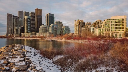 Buildings along lakeshore during winter near Humber Bay Park in Toronto, Ontario, Canada