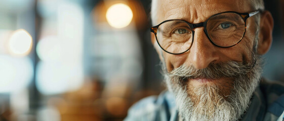 A wise man with a white beard and glasses carries an air of experience and contemplation - obrazy, fototapety, plakaty