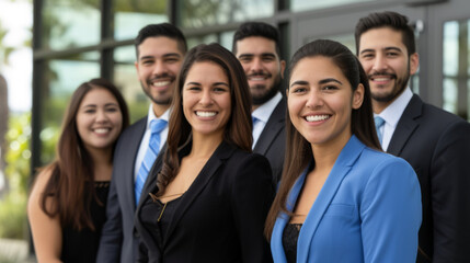 Obraz premium group of professional individuals, likely a business team, standing together and smiling at the camera.