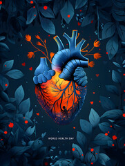 World Health Day Illustration Featuring a Stylized Human Heart Amidst Floral Elements