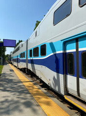 City train at the station ready for departure. Close up of wagons, windows and doors of a suburban train at the boarding platform.
