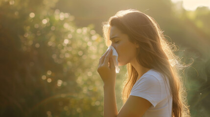 young woman outdoors, using a tissue, likely to address sneezing or a runny nose.