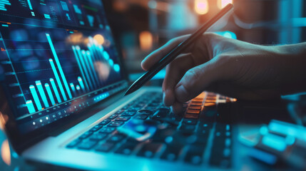 person's hand is holding a stylus over a laptop screen displaying various colorful data analytics and graphs.
