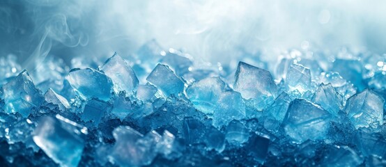 Close Up View of Beautiful Blue Ice Crystals on Blue Background with Water in Background