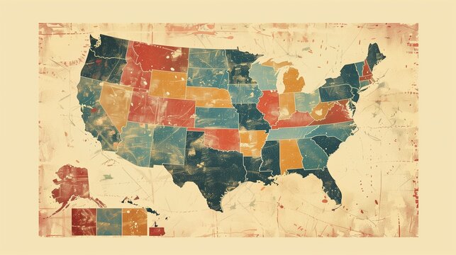 Vintage-Inspired Artistic Map of the United States with Grunge Texture