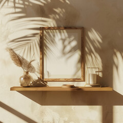 Photo frame mockup on wooden shelf