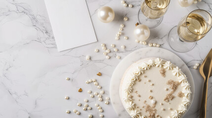 Obraz na płótnie Canvas An elegant birthday flat lay on a white marble background, featuring champagne glasses, a sophisticated cake with gold accents, pearl decorations, and invitation