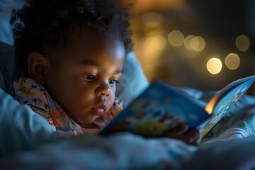 Parent reading a bedtime story to a child in bed. 