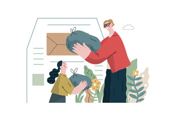 Mutual Support Giving clothes to donation bins -modern flat vector concept illustration of people placing bags of clothes into drop-off box A metaphor of voluntary, collaborative exchanges of resource