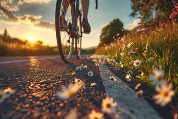 Gordijnen Close-up of a person enjoying a bike ride in a scenic countryside. © Karol