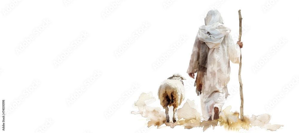 Wall mural shepherd jesus christ taking care of one missing lamb watercolor illustration banner