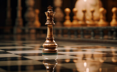 Leadership. gold queen with silver chess pieces on chess board game competition on dark background, chess battle, victory