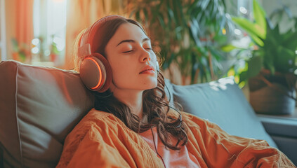 mujer joven sentada en un sofá azul con los ojos cerrados escuchando música con unos cascos negros, decorados con una franja naranja, sobre fondo desenfocado del interior de un salón - obrazy, fototapety, plakaty