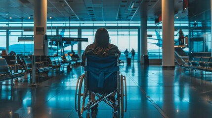 A disabled traveler navigates through the bustling airport, surrounded by sleek modern furniture and a sea of rushing city dwellers, their wheelchair a symbol of strength and determination - obrazy, fototapety, plakaty