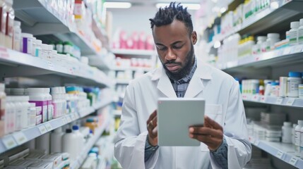 A medical researcher in a crisp white coat examines laboratory equipment while scrolling through a tablet, surrounded by shelves of pharmaceuticals and the busy energy of a bustling pharmacy