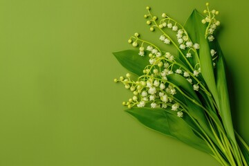 Elegant Lily of the Valley bouquet with lush green leaves, beautifully laid out on a soothing green backdrop, showcasing spring's natural beauty