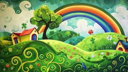 st patricks day image, beautiful drawing of green landscape with rainbow and cottage - obrazy, fototapety, plakaty