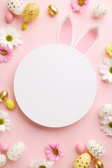 Fototapeta na wymiar Easter canvas: hop into the holiday spirit. Top view vertical shot of Easter eggs, paper bunny ears, mix of pink and white flowers on pastel pink background with blank circle for Easter message