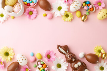 Easter eggstravaganza: a feast of color and confection. Top view of decorated Easter eggs, chocolate bunny, candy, and spring flowers on pastel pink background with space for festive advertisements