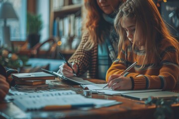 Parent helping a child with homework  - obrazy, fototapety, plakaty