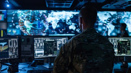 A soldier intently monitors the broadcast on his computer screen, dressed in his crisp military attire, as he remains focused on his task in the indoor setting of a television studio