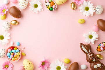 A hop into easter: whimsy in pastel pink. Top view shot of chocolate Easter eggs, chocolate bunny, flowers, Easter decorations on pastel pink background with space for holiday wishes or event details