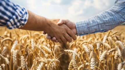 Two farmers seal their partnership in a golden wheat field, their hands embodying the hard work and promise of a bountiful harvest - obrazy, fototapety, plakaty