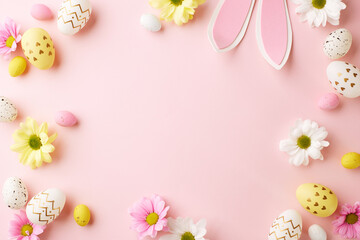 Fototapeta na wymiar Easter whimsy: soft hues and springtime cheer. Top view shot of Easter eggs, flowers, pink bunny ears on pastel pink background with blank space for Easter celebrations or spring events