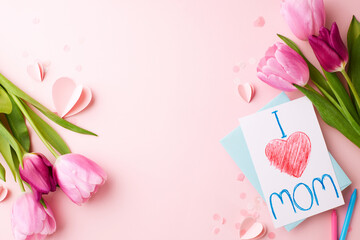Affection in bloom: crafting memories for mom. Top view shot of a child's drawing for mom, vibrant tulips, craft supplies on pink background, perfect for Mother's Day campaign materials
