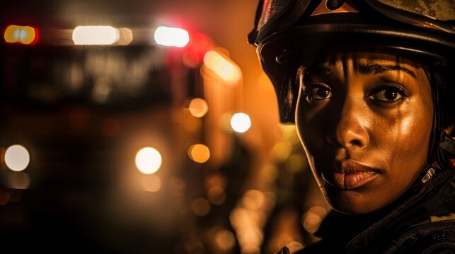 A determined firefighter braves the dark streets, donning her helmet and standing proudly in front of her firetruck, ready to protect and serve with unwavering courage