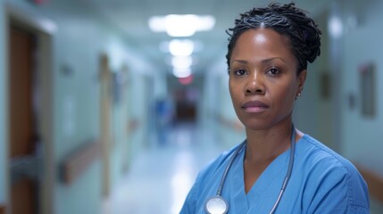 Fototapeta premium A young woman in blue scrubs stands against an indoor wall, her face framed by a stylish hairstyle and arched eyebrows, exuding confidence and determination as she looks ahead, dressed for success an
