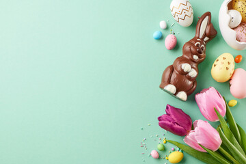 Easter festivity: vivid colors and treats. Top view shot of chocolate bunny, decorated eggs, tulips, candy sprinkles on teal background with space for ads or greetings