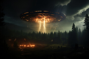 Massive object flies through the night sky above a dense forest, casting a shadow over the landscape