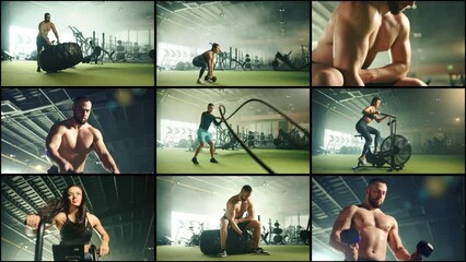 A collage of 9 videos featuring professional athletes engaging in various sports within a beautiful gym. The compilation showcases men and women performing arm and leg exercises using equipment - Powered by Adobe